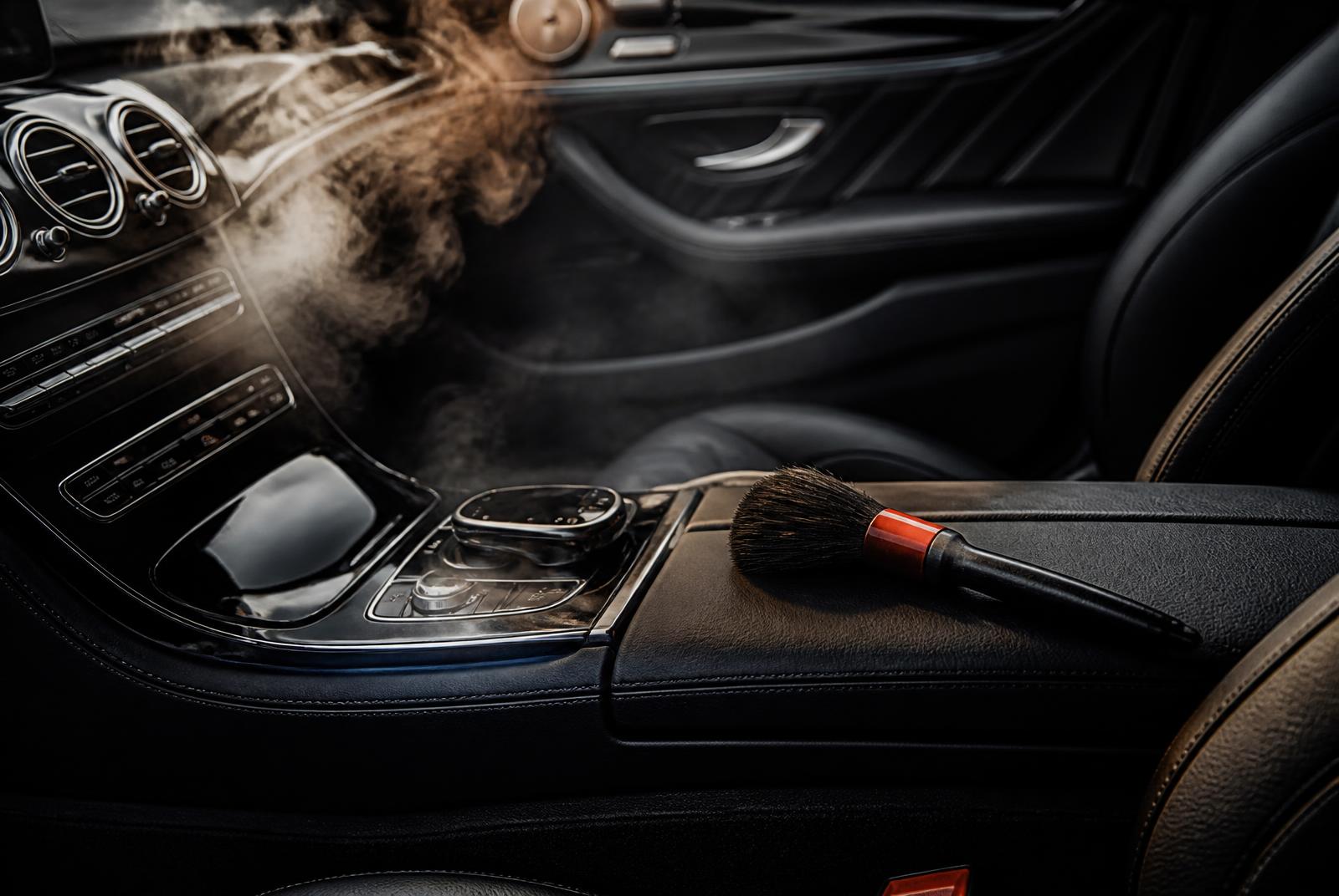 Steam detailing of a premium black leather interior